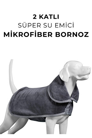 2 Katlı, Süper Su Emici Mikrofiber Köpek Bornozu, Gri
