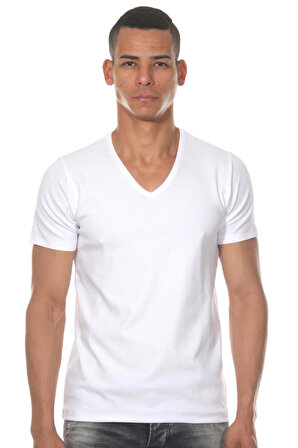 Erkek Beyaz V Yaka Kısa Kollu T-Shirt