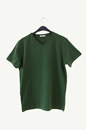 Erkek Yeşil V Yaka Kısa Kollu T-Shirt