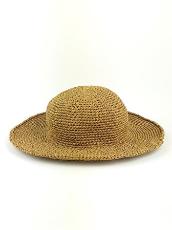 Hasır Rengi El Örgüsü Kağıt İp Kadın Plaj Şapkası eldenor0034
