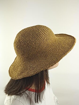 Hasır Rengi El Örgüsü Kağıt İp Kadın Plaj Şapkası eldenor0034