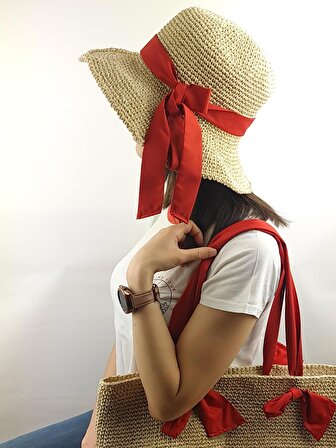 Krem Rengi El Örgüsü Astarlı Kağıt İp Kadın Plaj Çanta ve Şapka Takımı eldenor0035