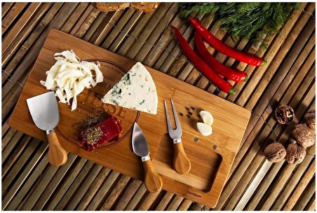 DURNES - Bambu Peynir Sunum Tahtası 4 Parça Aparatlı 39cm x 20cm x 3 cm