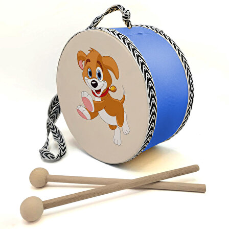 Sevimli Köpek Baskılı Deri Oyuncak Çocuk Davulu MAVİ  (1-5 YAŞ)
