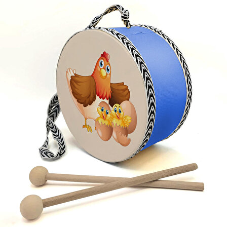 Tavuk Ailesi Baskılı Deri Oyuncak Çocuk Davulu MAVİ  (1-5 YAŞ)
