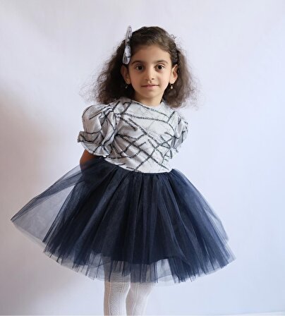 Kız Çocuk Tütü Lacivert Elbise Klips Toka Hediyeli
