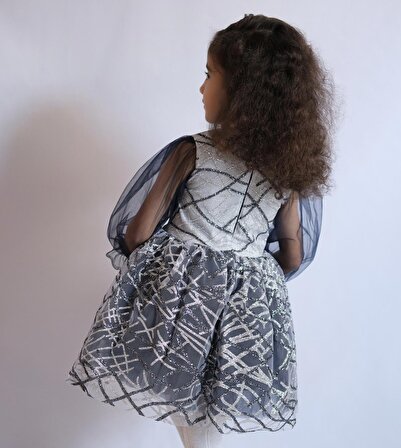Kız Çocuk Gri Lacivert Parıltılı Kabarık Elbise Klips toka Hediyeli