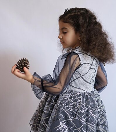 Kız Çocuk Gri Lacivert Parıltılı Kabarık Elbise Klips toka Hediyeli