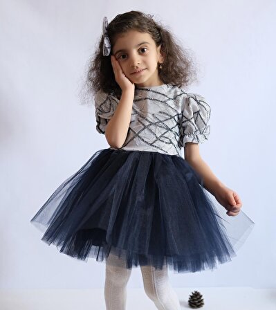 Kız Çocuk Tütü Lacivert Elbise Klips Toka Hediyeli