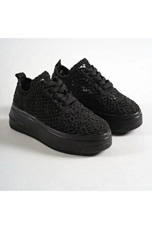 Dantel Örgü Siyah Kalin Tabanlı Spor Ayakkabi Sneaker