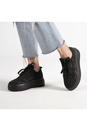 Dantel Örgü Siyah Kalin Tabanlı Spor Ayakkabi Sneaker