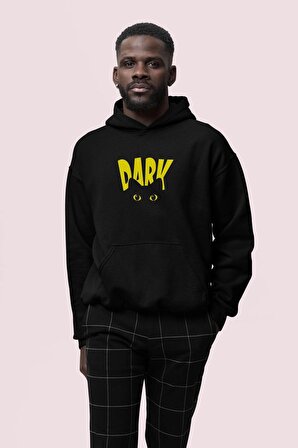Dark Baskılı Siyah Erkek Kapüşonlu 3 iplik Şardonlu Ribanalı Sweatshirt Hoodie