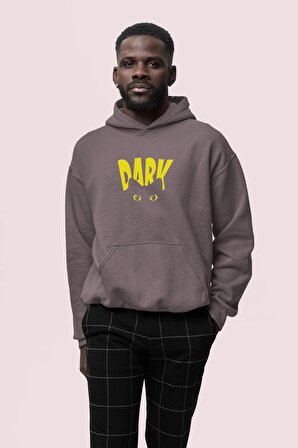 Dark Baskılı Gri Erkek Kapüşonlu 3 iplik Şardonlu Ribanalı Sweatshirt Hoodie