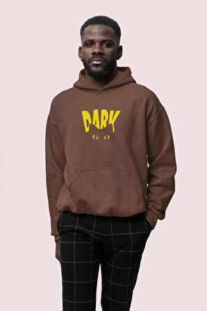 Dark Baskılı Kahverengi Erkek Kapüşonlu 3 iplik Şardonlu Ribanalı Sweatshirt Hoodie