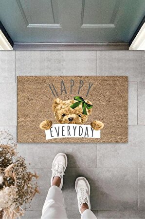 Kahverengi Kapı Önü Paspası Happy Everday Ayıcık Desen  K-3237