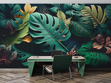 Yeşil Yaprak Desenli Duvar Kağıdı Baskı
