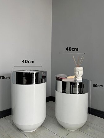Dekoratif Krom Darbuka Parlak Beyaz Saksı 70cm + Sehpa 60cm İkili Set