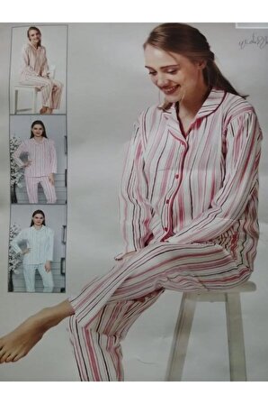 Kalın Çizgili Gömlek Yaka Önden Düğmeli Kadın Pijama Takımı