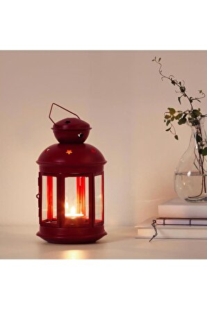 Metal Tealight Mum Feneri Şamdan Mumluk Taşıyıcı 25,5cm Kırmızı Ma096