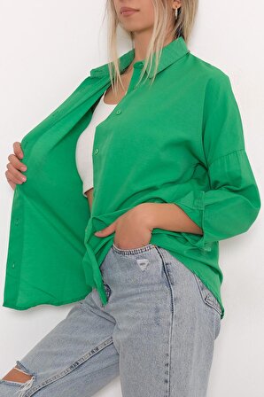 Klasik Oversize Gömlek  Yeşil - 10404.1247. Beden S