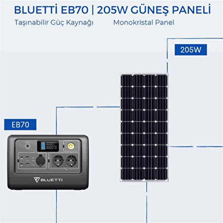 Bluetti EB70 Taşınabilir Güç Kaynağı | 205W Monokristal Güneş Paneli Paketi