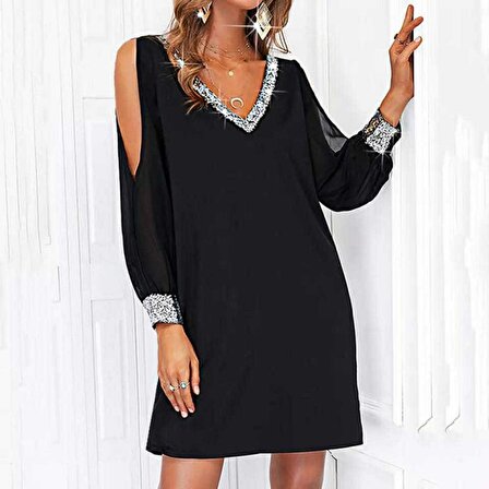 ECheffs Kadın Siyah Uzun Kollu Kollar Tül Yırtmaçlı V Yakalı Kısa Krep Elbise