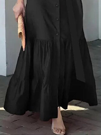 ECheffs Kadın Uzun Kollu Eteği Fırfırlı Beli Kuşaklı Trikoton Tam Boy Gömlek Elbise