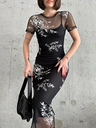 ECheffs Baskılı Şifon Kimono Elbise - Siyah