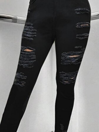 ECheffs Kadın Yüksek Bel Slim Fit Lazer Kesim Yırtık Detaylı Kot Pantolon/ Jean