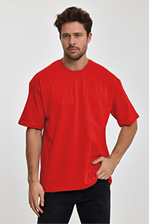 Erkek Oversize %100 Pamuk Nefes Alan Basic T-shirt Kırmızı Edw038