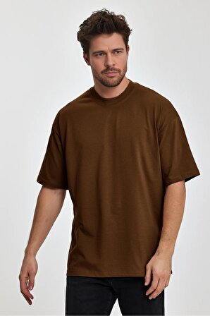 Erkek Oversize %100 Pamuk Nefes Alan Basic T-shirt Kahverengi Edw038