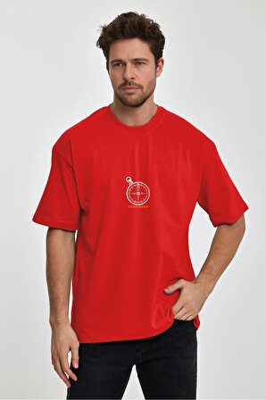 Erkek Oversize %100 Pamuk Pusula Baskılı T-shirt Kırmızı Edw040