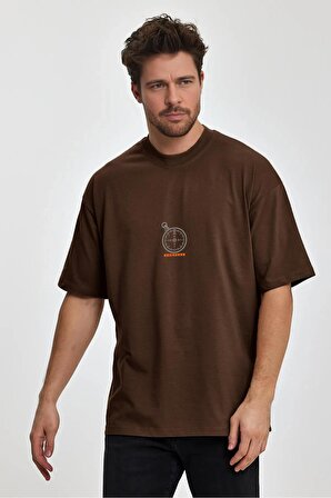 Erkek Oversize %100 Pamuk Pusula Baskılı T-shirt Kahverengi Edw040