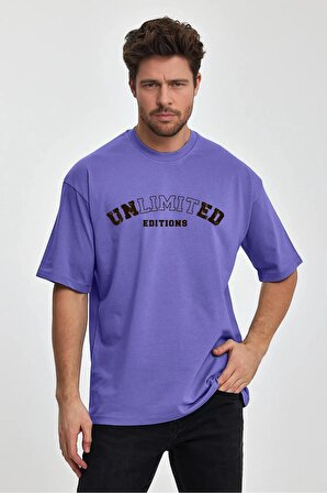 Erkek Oversize %100 Pamuk Unlimited Baskılı T-shirt Mor Edw043