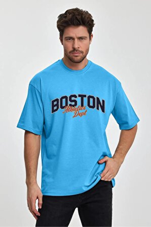 Erkek Oversize %100 Pamuk Boston Baskılı T-shirt Mavi Edw044