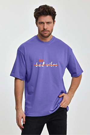 Erkek Oversize %100 Pamuk Bad Vibes Baskılı T-shirt Mor Edw051