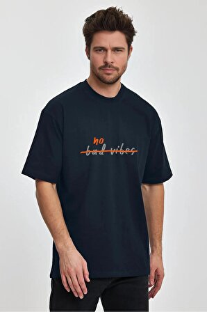 Erkek Oversize %100 Pamuk Bad Vibes Baskılı T-shirt Lacivert Edw051