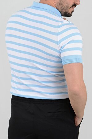 Erkek Slim Fit Çizgili Yakalı Triko Tişört Açık Mavi Edw080