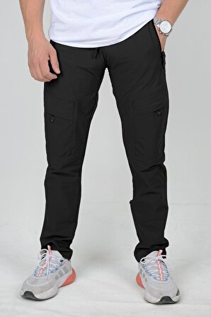 Erkek Slim Fit Cepli Beli Lastikli Paraşüt Kumaş Spor Pantolon Siyah Edw023