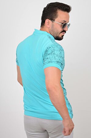 Erkek Slim Fit Desenli Polo Yaka Tişört PT01 MAVİ