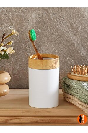 5'li Banyo Seti Bambu Görünümlü, Çöp Kovası, Sabunluk, Tuvalet Fırçası, Diş Fırçası Kabı