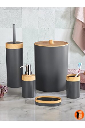 5'li Banyo Seti Bambu Görünümlü, Çöp Kovası, Sabunluk, Tuvalet Fırçası, Diş Fırçası Kabı