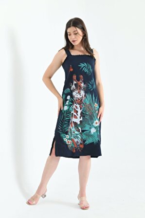 Kare Yaka ve Askılı Çiçek Desenli Lacivert Kadın Elbise