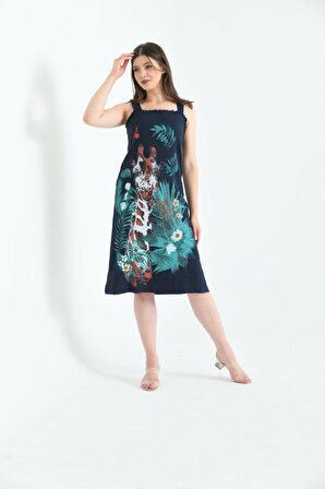 Kare Yaka ve Askılı Çiçek Desenli Lacivert Kadın Elbise