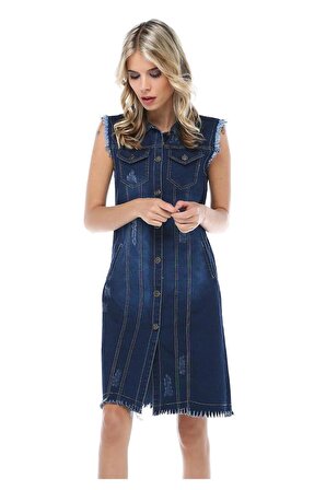 Püsküllü Düğmeli Uzun Koyu Mavi Kadın Kadın Kot Elbise