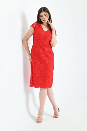 V Yaka Dantel Desenli Kırmızı Abiye Kadın Elbise