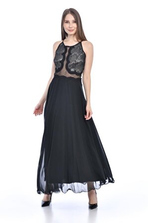 Modkofoni-Askılı Göğüs Dantel ve Astarlı Siyah Abiye Kadın Elbise