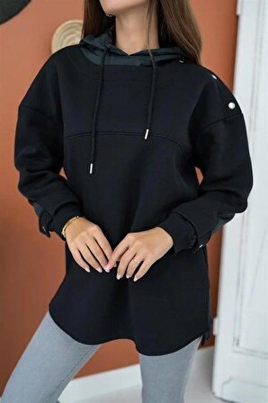 Kapüşonlu Garni Detay Sweatshirt - Siyah