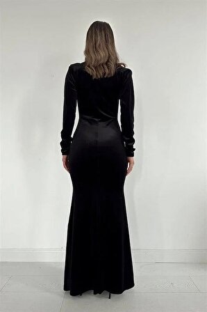 Önü Yırtmaçlı Kadife Elbise - Siyah
