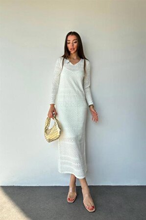 Astarlı Triko Elbise - Beyaz